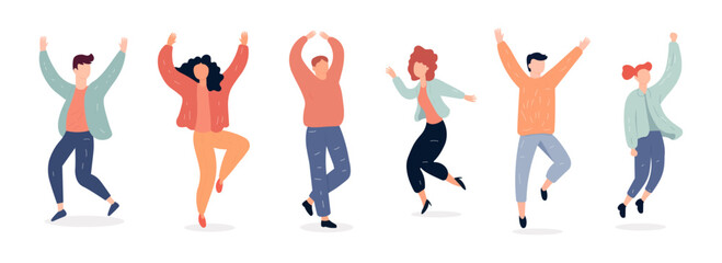People happy jumping set. Young funny teens large group guy, girl, jumping together joy lifestyle celebration victory team smiling students celebrates success. Color cartoon vector.