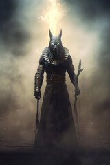Egyptian warrior with sword and fire in the dark, halloween concept. Anubis ancient Egyptian god.