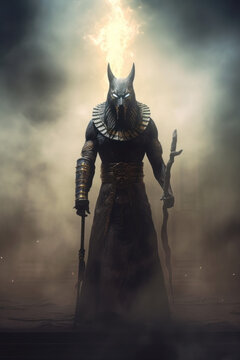 Egyptian warrior with sword and fire in the dark, halloween concept. Anubis ancient Egyptian god.