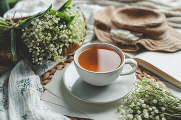 Cup of hot tea and spring home interior. good morning concept