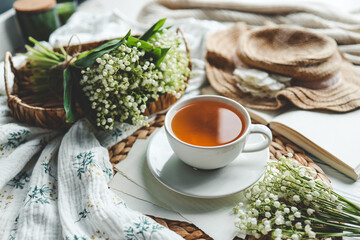 Cup of hot tea and spring home interior. good morning concept