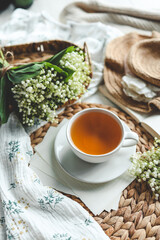 Cup of hot tea and spring home interior. good morning concept