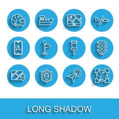 Set line Infographic of city map navigation, Location shield, the globe, World with compass, marker, Traffic light and Push pin icon. Vector