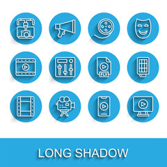 Set line Play Video, Retro cinema camera, Gimbal stabilizer with, Online play video, Sound mixer controller, Softbox light and FLV file document icon. Vector