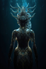 a fantasy alien woman in a dark sea. Iemanjá, yemanjá, odoyá, brazilian goddess of the sea. Back view of a ocean queen.
