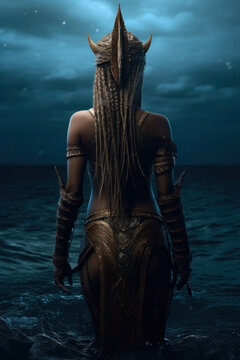 Beautiful woman warrior in the sea. Iemanjá, yemanjá, odoyá, brazilian goddess of the sea. Back view of a ocean queen. African mermaid.
