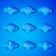 Set line Magic staff, scroll, Hand holding fire, Ghost, ball, Poison apple, Zombie hand and Dagger icon. Vector