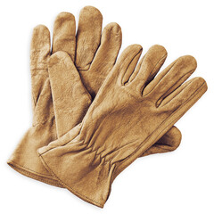 safety gloves in leather brown color , top view isolated on white background, safety clothing...