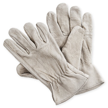 Safety Gloves In Leather Gray Color , Top View Isolated On White Background, Safety Clothing Equipment For Worker Hand Protection