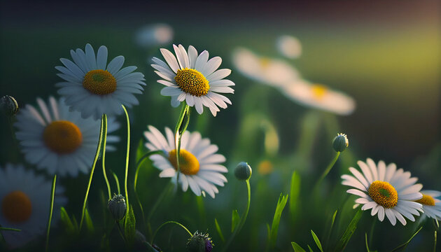 Beautiful green camomiles daisy flowers field Ai generated image