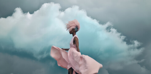 A woman walking in stormy sky. Generative AI
