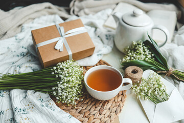 Cup of hot tea and spring home interior. good morning concept