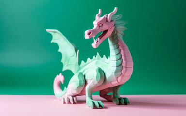 Green wooden dragon on colorful background. Generative AI
