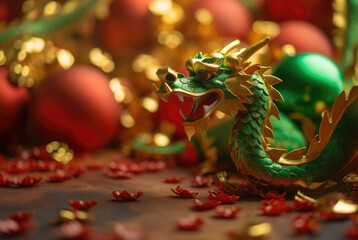 Traditional chinese dragon on festive red and golden background. Generative AI