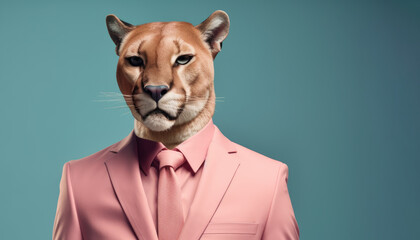 Portrait of cougar wearing pastel pink suit on turquoise blue background. Generative AI