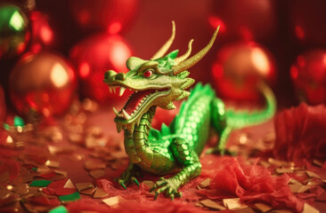 Fototapeta na wymiar Green dragon among red confetti and christmas bubbles. Generative AI