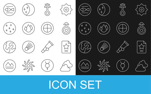 Set line Cloudy weather, Star constellation zodiac, Symbol Uranus, Old magic key, Water drop, Full moon, Pisces and Earth globe icon. Vector