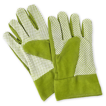 Gardening cloth green safety gloves, top view isolated on white background. Gardening tool equipment. Spring concept for home gardening or vegetable garden and plant care.