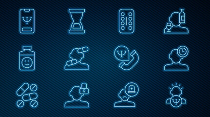 Set line Psychology, Insomnia, Sedative pills, Antidepressants, Online psychological counseling, and Old hourglass icon. Vector