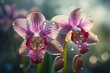 Beautiful Surreal orchids with dew drops close-up. Floral background. Generative AI illustration