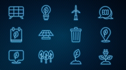 Set line Electric saving plug in leaf, Location with, Wind turbine, Solar energy panel, Calendar autumn leaves, Trash can and Light bulb icon. Vector