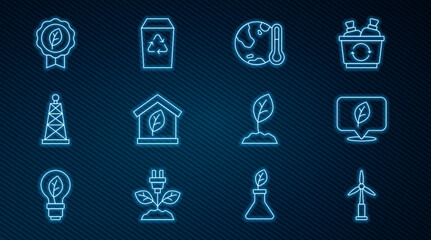 Set line Wind turbine, Location with leaf, Earth melting to global warming, Eco friendly house, Oil rig, Leaf symbol, Sprout and Recycle icon. Vector