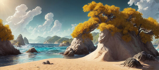 Beautiful panoramic seascape with sandy beach and green trees.