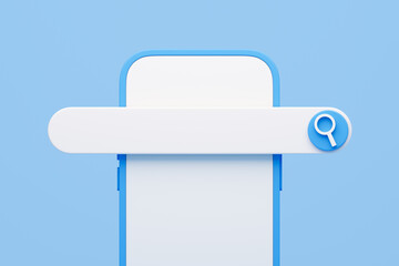 Search bar on phone screen on blue background. Searching on internet with smartphone. Mockup search engine with empty copy space. Banner template. 3D Rendering