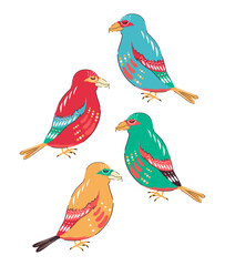 Set of trendy multicolored birds in hand drawn style. Doodle. isolated. Feathers. Nest. Groovy.Vector stock illustration. Ornament in the old style. crossbill