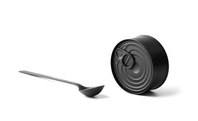 Closed tin can and spoon on white isolated