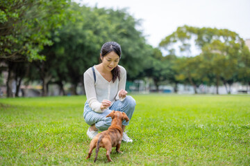 Woman feed her dog at park