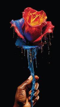 Hyper Realistic Ultra Detailed Psychedelic Photo of a Hand Holding a Rose Drop Generative AI