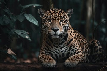 jaguar looking at the camera, beautiful background, forest background, ai generated.