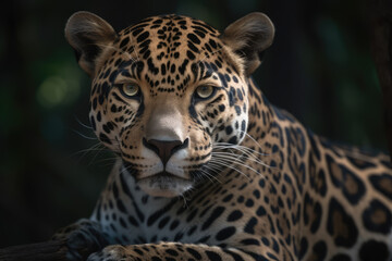 jaguar looking at the camera, beautiful background, forest background, ai generated.