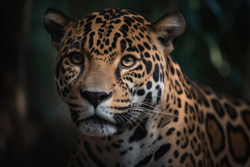 Obraz premium jaguar looking at the camera, beautiful background, forest background, ai generated.