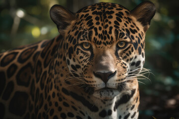 Fototapeta na wymiar jaguar looking at the camera, beautiful background, forest background, ai generated.