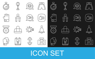 Set line Sport mechanical scoreboard, Boxing bell, glove, helmet, Jump rope, MMA, Stopwatch and icon. Vector