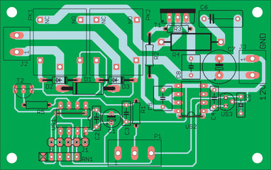 Vector printed circuit board of an electronic 
device with components of radio elements, 
conductors and contact pads placed on it. 
Engineering drawing of a pcb.