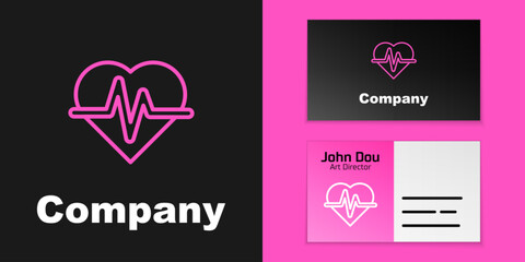 Pink line Heart rate icon isolated on black background. Heartbeat sign. Heart pulse icon. Cardiogram icon. Logo design template element. Vector