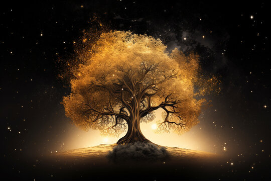 Fantasy, sci-fi, nature, state of mind concept. Golden glowing with star dust tree of life in cosmic space background. Generative AI