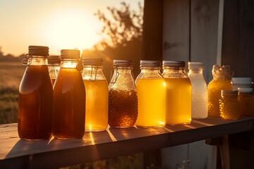 Fototapeta na wymiar Food concept. Various honey types in various shape bottles. Sunset sun illuminated bee products. Rural blurred background. Generative AI
