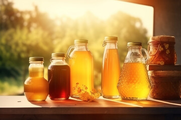 Fototapeta na wymiar Food concept. Various honey types in various shape bottles. Sunset sun illuminated bee products. Rural blurred background. Generative AI