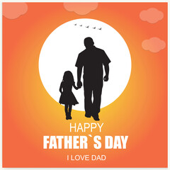 Happy Father's Day and a silhouette of father and children in the background with sun and sky.