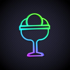 Glowing neon line Ice cream in the bowl icon isolated on black background. Sweet symbol. Vector
