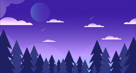 Star night with woods lo fi chill wallpaper. Shooting stars sky above forest skyline 2D vector cartoon landscape illustration, vaporwave background. 80s retro album art, synthwave aesthetics