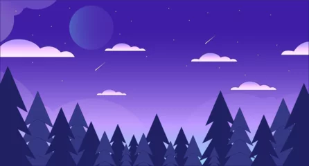 Deurstickers Star night with woods lo fi chill wallpaper. Shooting stars sky above forest skyline 2D vector cartoon landscape illustration, vaporwave background. 80s retro album art, synthwave aesthetics © The img