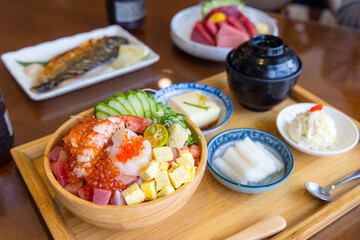 Fresh Japanese sashimi in rice bowl