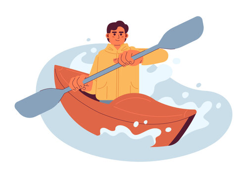 Kayaking competition conceptual hero image. Sea kayaker 2D cartoon character on white background. Leisure activity. Water rafting isolated concept illustration. Vector art for web design ui