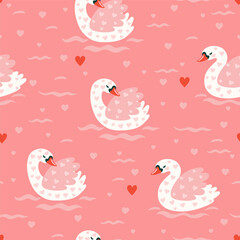 Seamless pattern with cute swans and hearts on a pink background. Vector graphics.