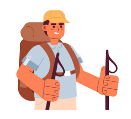 Explorer adventurer walking with trekking poles flat vector cartoon character. Outdoorsy man spot illustration. Half body person isolated on white. Editable 2D simple drawing, graphic design